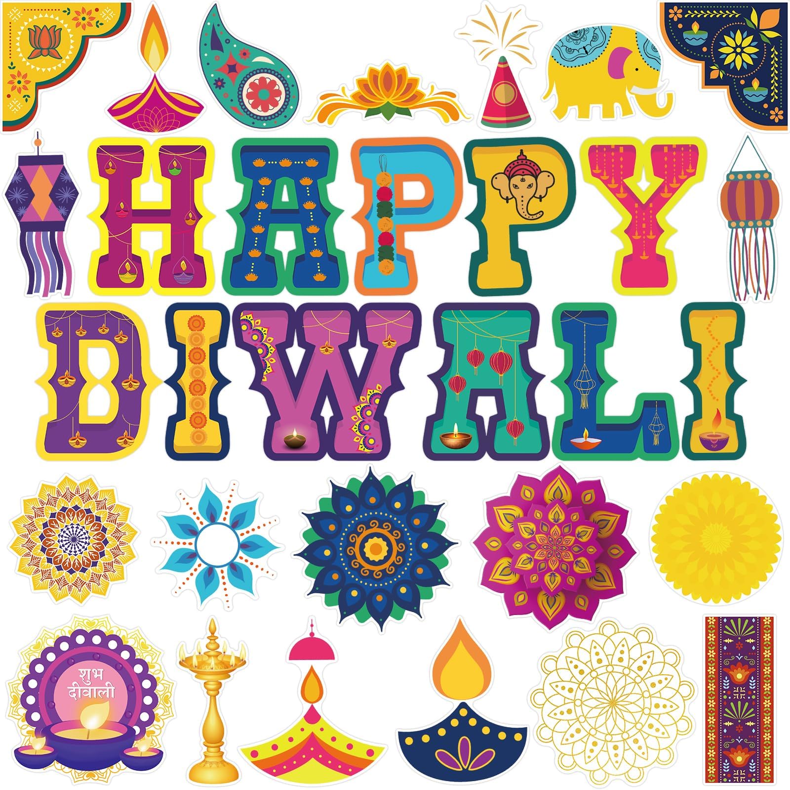 Fancy Land Diwali Decorations Happy Diwali Cutouts Diwali Bulletin Border Decoration for Classroom Party Ornament Wall Decor Supplies 71 Pcs
