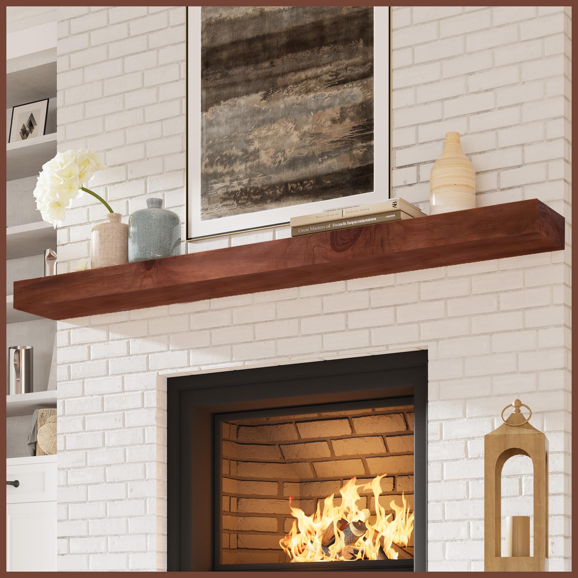 Fireplace Mantel, 72 in Handcrafted Solid Mantel Shelf with Invisible Heavy Duty Metal Bracket, Floating Mantel Shelf, Dark Brwon