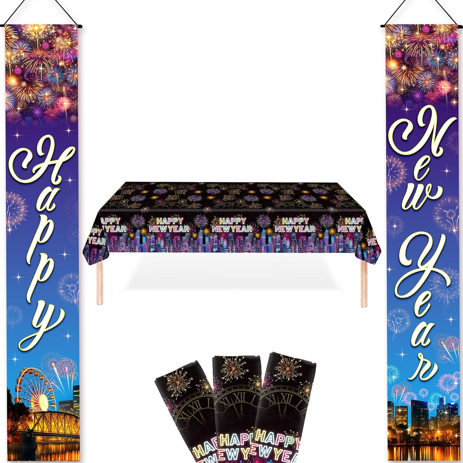 KatchOn, Happy New Year Banner | Happy New Year Tablecloth | Nye Decor 2026| Happy New Years Table Cloth for NYE Decorations 2026 | Skyline Happy Ney Door Banner for New Years Decorations 2026