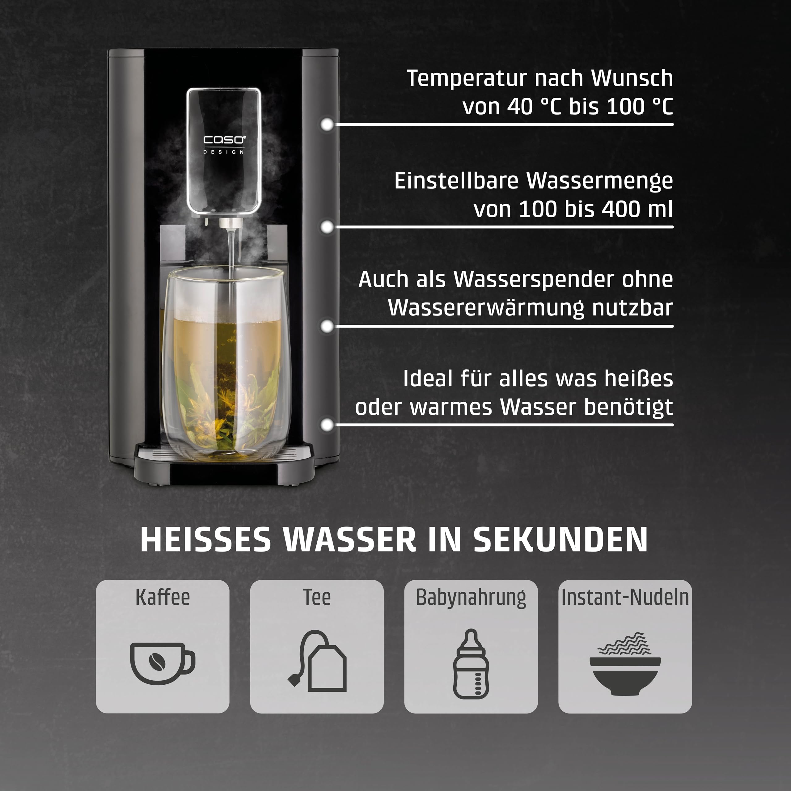 CASO HW 550 -Turbo Heisswasserspender, für die Zubereitung von Tee, löslichem Kaffee, Babynahrung, Wassertank 2,9 l Kapazität, 7 einstellbare Temperaturstufen von 40-100 °C in 10 °C-Schritten