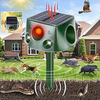 Animal Repellent Solar Powered, Waterproof Outdoor Animal Repeller Deterrent with PIR Motion Sensor & Flashing Light, Outdoor Repellent Device