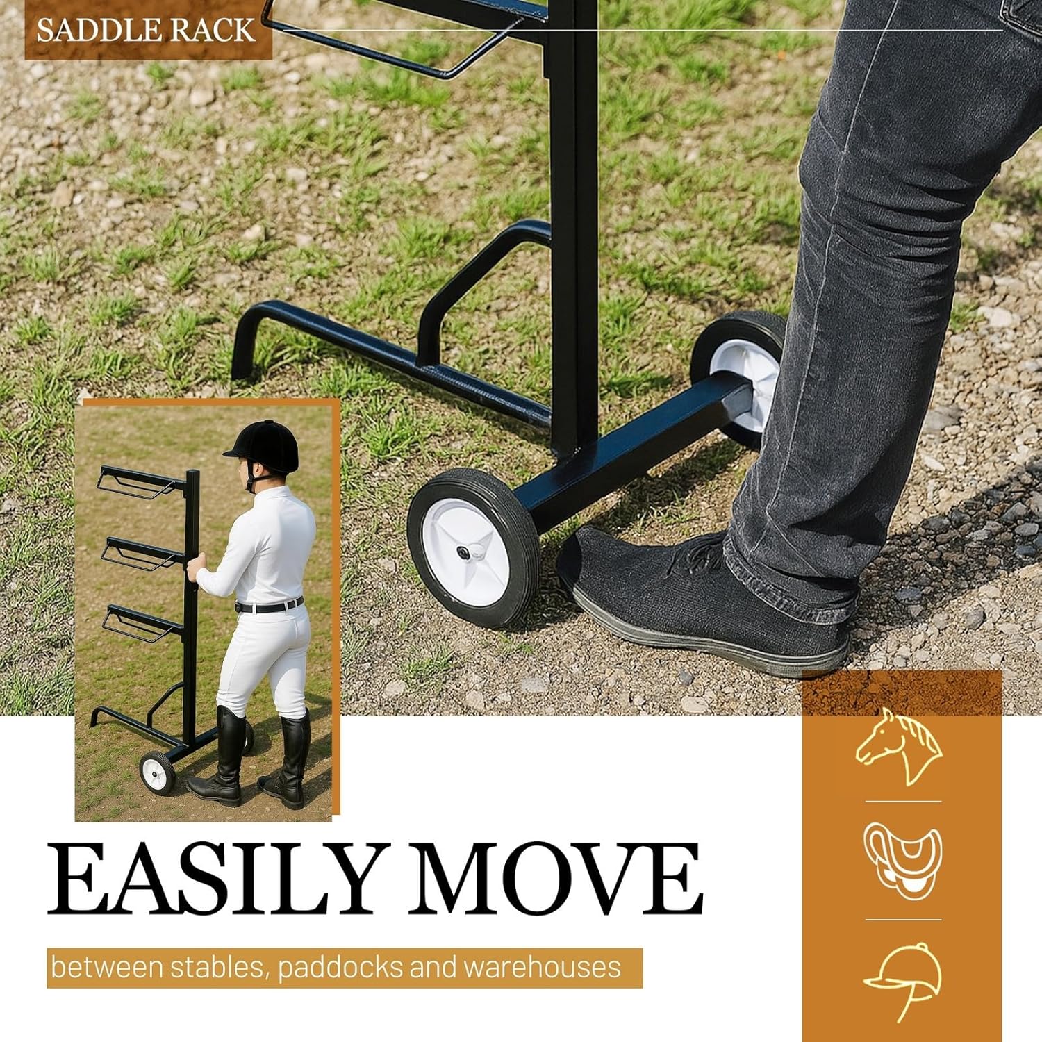 Suitable for 3-Tier Rolling Saddle Rack - Heavy-Duty Rotatable Saddle Stand for English & Western Saddles - Portable Horse Tack Storage Cart with Wheels