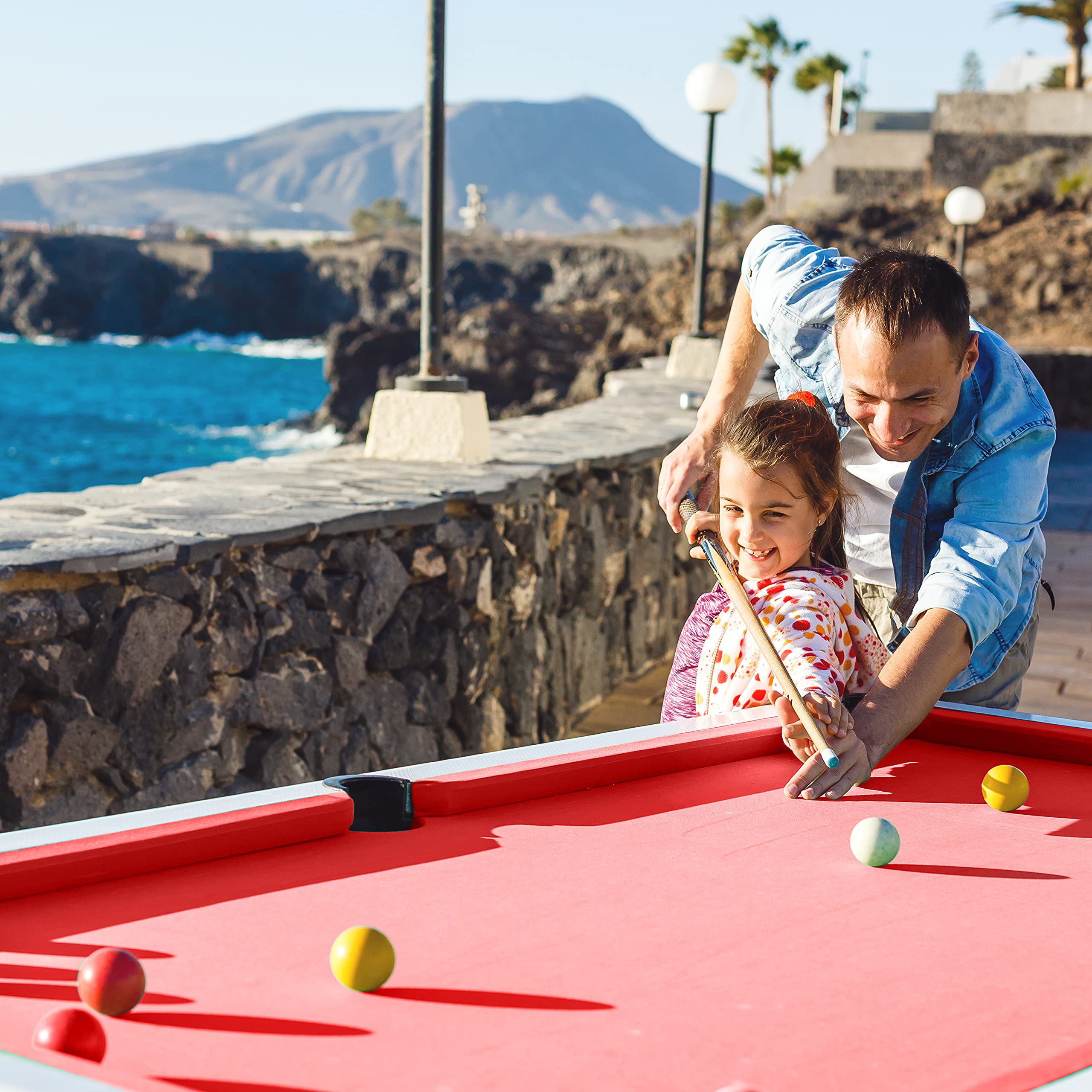 Portable 6 Ft. Pool Table - Compact Design with 18 Aiming Points, Low Friction Surface, Space Saving, Adjustable Feet, Locking Leg Safety, and Complete Accessory Kit - SereneLife SLPO730 , Red