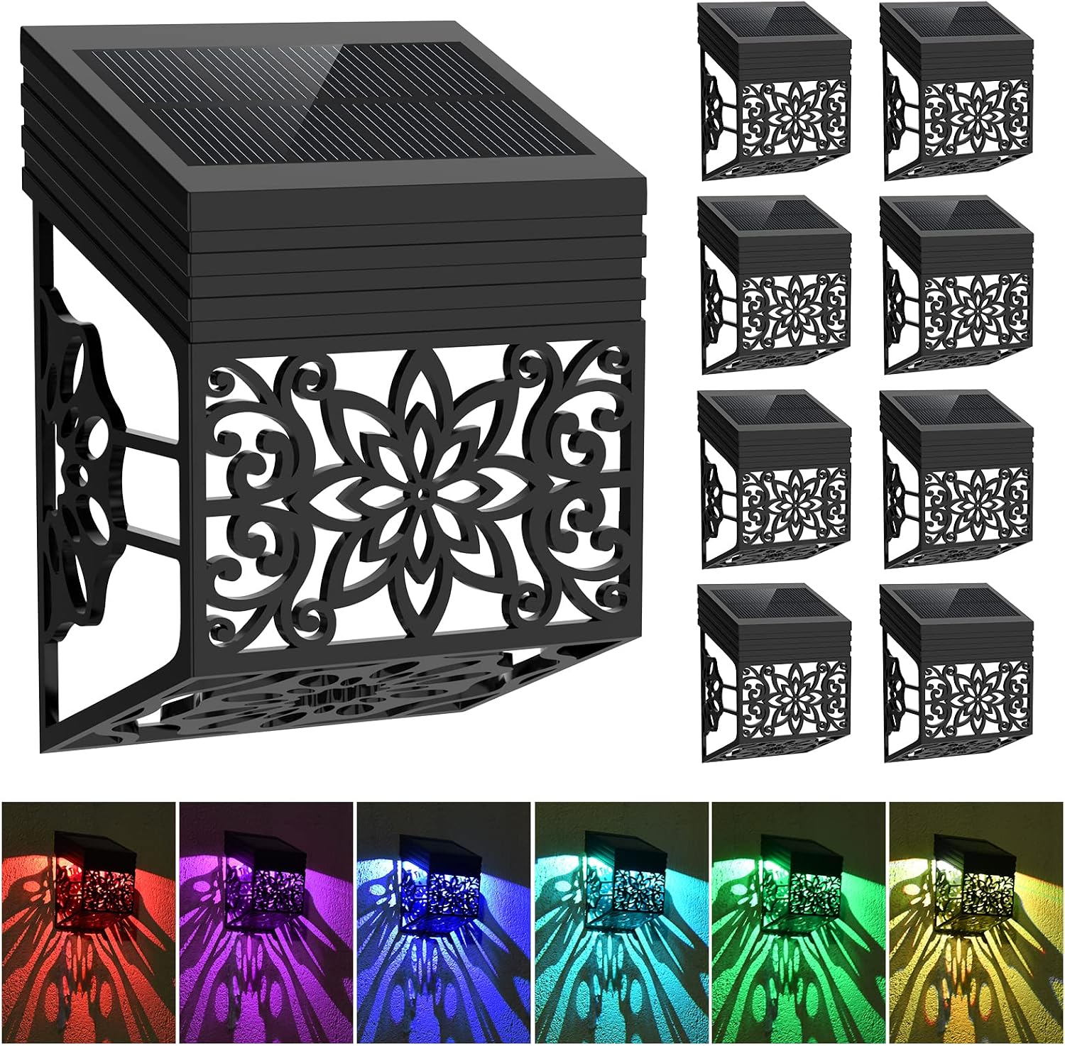 8 Pack Solar Deck Lights Outdoor Waterproof, Deck Decor Solar Fence Lights Solar Step Lights, Halloween LED Decorative Light for Patio Garden Stairs Post Yard Porch, Warm White/Color Changing, Black
