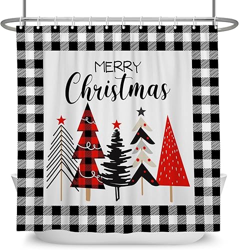 Leowefowa Cortina de ducha con diseño de árbol de Navidad, diseño de búfalo blanco y negro, juego de cortina de ducha para invierno, Navidad,