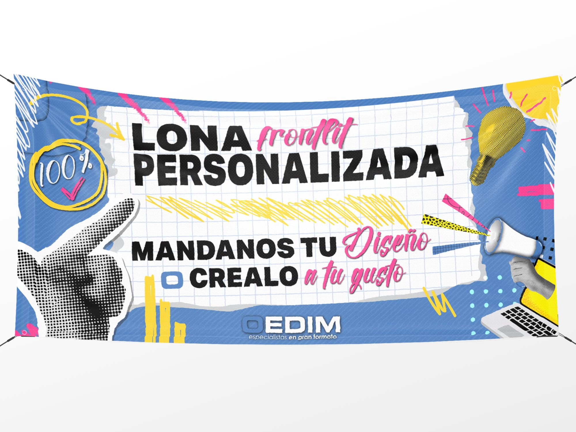 Oedim Lona Publicitaria Personalizada, Pancarta Ideal para Publicidad, 150x100cm, Fabricada en Lona Frontlit 400gr, Incluye Ojales, Resistente al Agua y Al Sol-