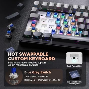 YUNZII B75 75% Wired Mechanical Keyboard, Hot-Swappable, Gasket-Mounted, RGB Backlight, High Durability, English Layout, PBT Keycaps, Cherry Profile, for Win/Mac Gradient Black, RGB Blue Gray Tactile