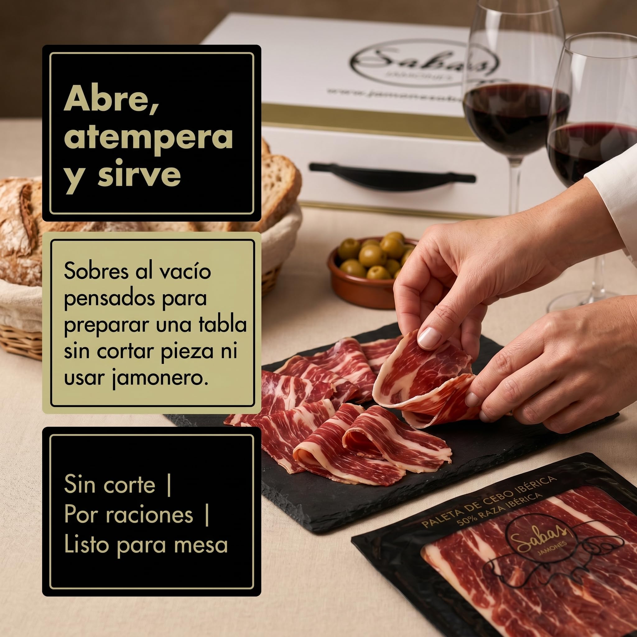 SABE A SABAS Cesta Paleta Gran Reserva Duroc 50% Cortada a Cuchillo 10 Sobres 100g con 2 Taquitos 100g Estuche Gourmet Regalo Jamon Curado Loncheado Tabla Aperitivo Navidad Evento Familiar