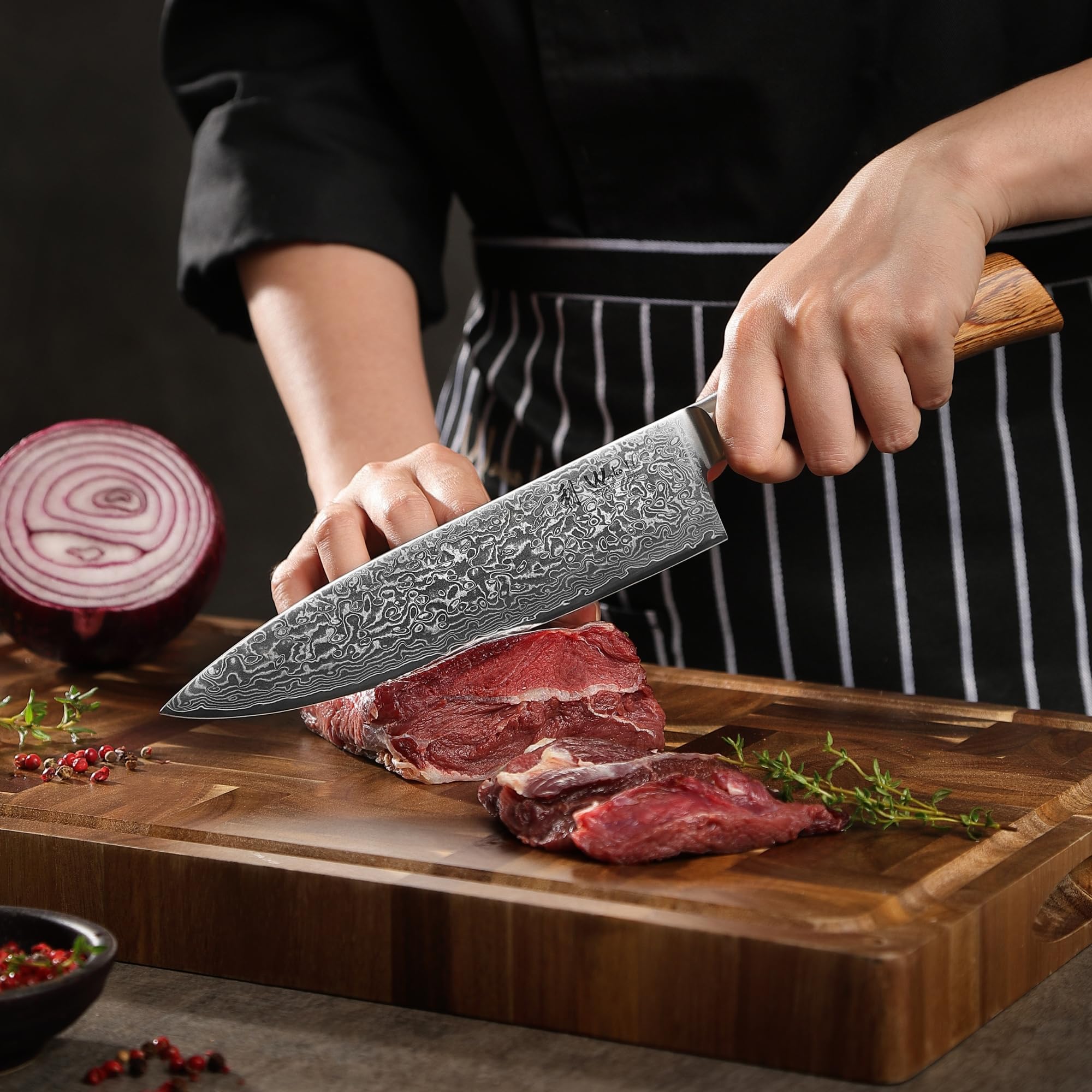 WAKOLI EDIB Pro Couteau Chef de Cuisine Professionnel en Acier Damas 20 cm | lame à 67 couches avec noyau VG10, manche ergonomique en bois de pakka, tranchant précis, pour émincer, hacher et découper