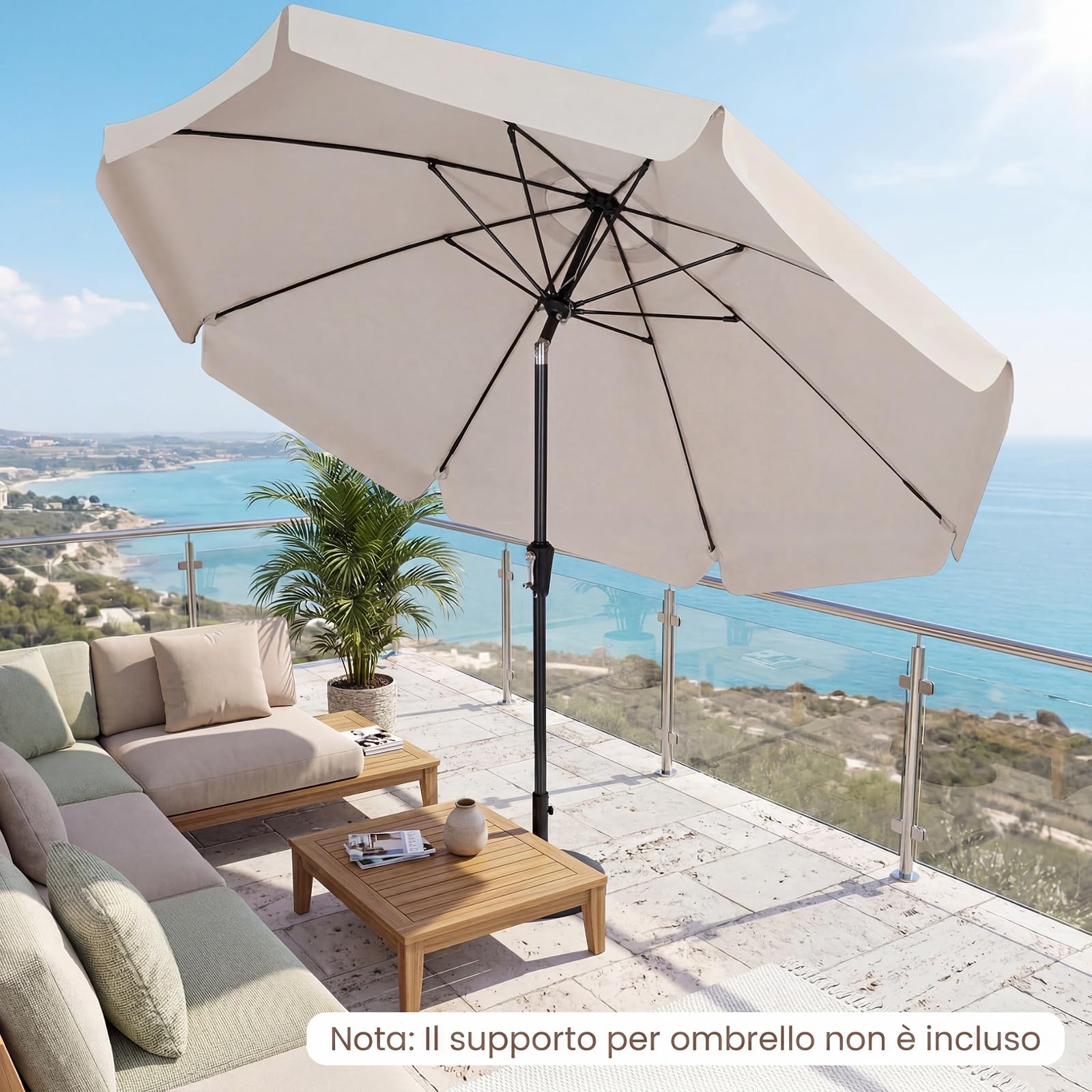 COSTWAY Ombrellone da Giardino 290 cm, Inclinazione Regolabile, con 8 Stecche, Borsa da Trasporto, Anti-UV, per Balcone, Piscina e Terrazza