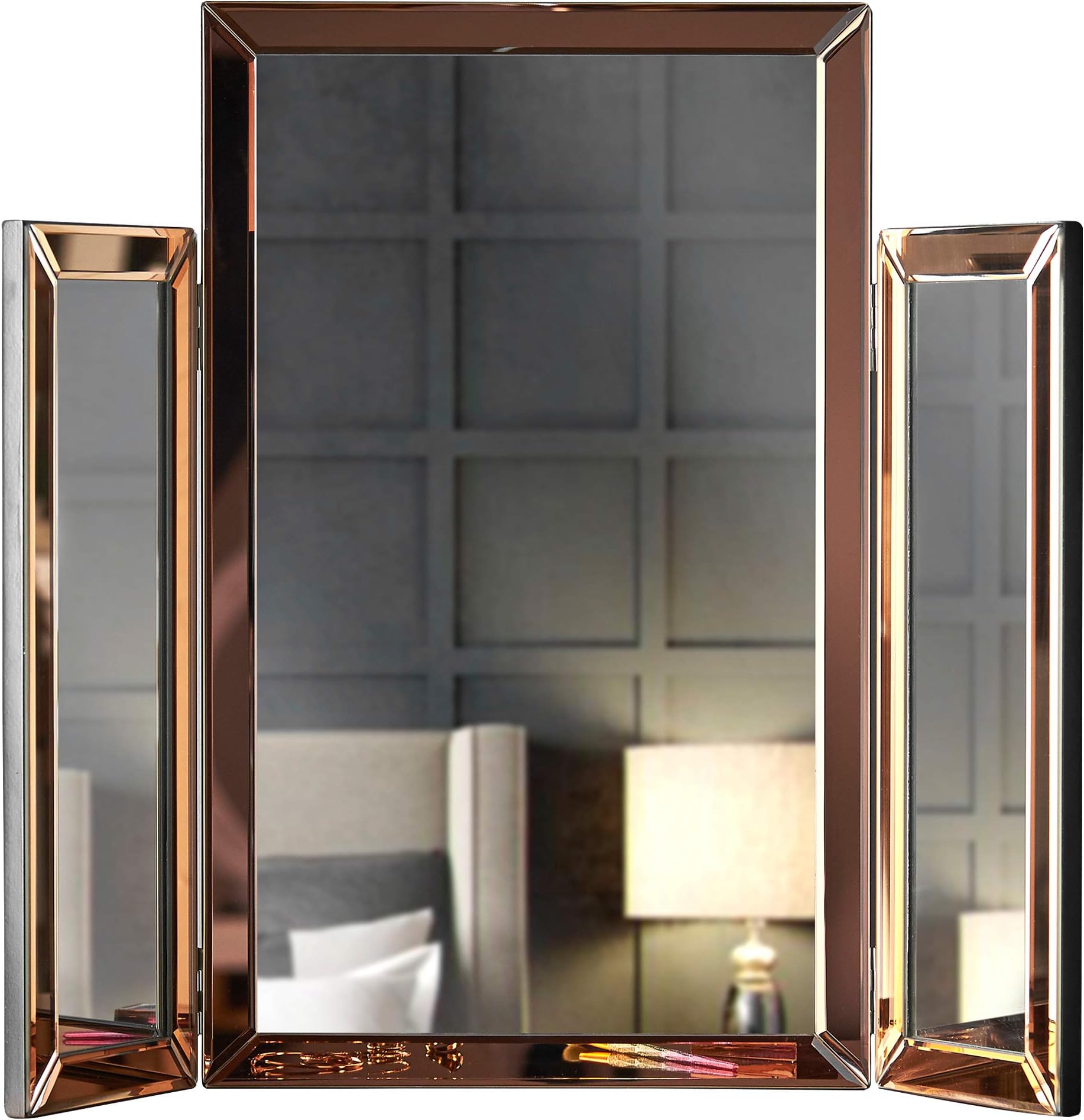 CARME Paloma Luxury Tri-Fold Mirror Vanity Folding Tabletop Desktop Free Standing Bevelled Glass Design Mitre Frame Modern Dressing Room Bedroom Furniture Cosmetic Makeup Hair (Rose Gold)