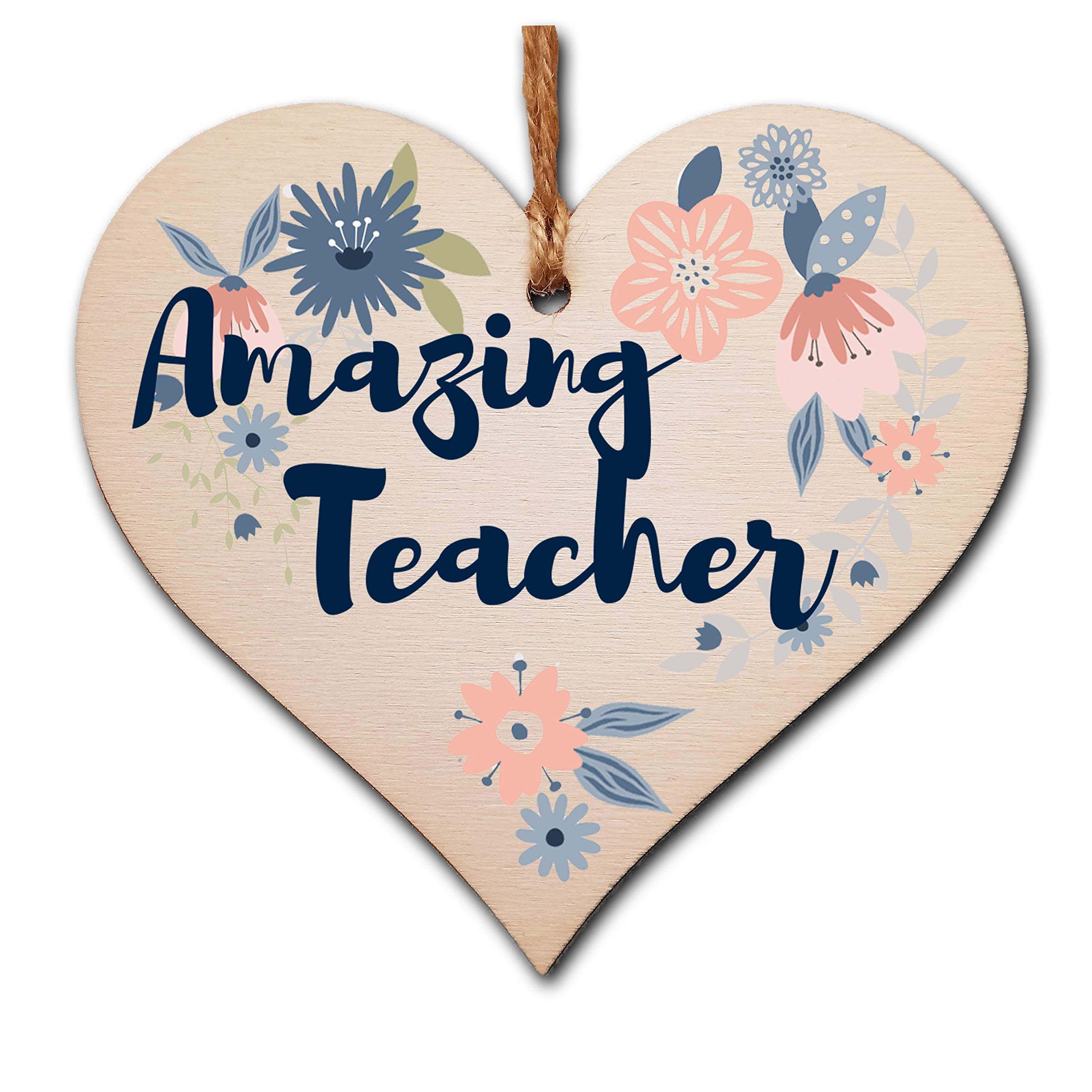 The Plum Penguin Earth Tones Handmade Wooden Hanging Heart Plaque Gift Amazing Teacher Thank You Special Someone Floral Style Present From Child