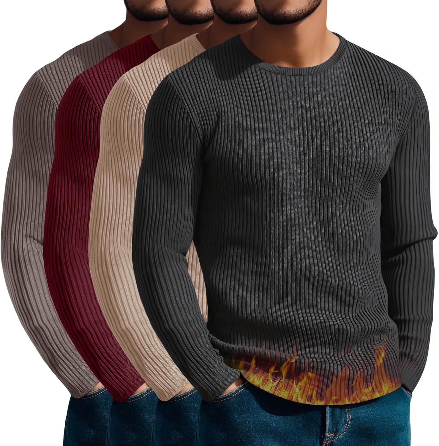 4 Pack Men's Cotton Thermal Long Sleeve Shirts Ribbed Crew Neck Tops Slim Fit Undershirts Fall Winter Base Layer