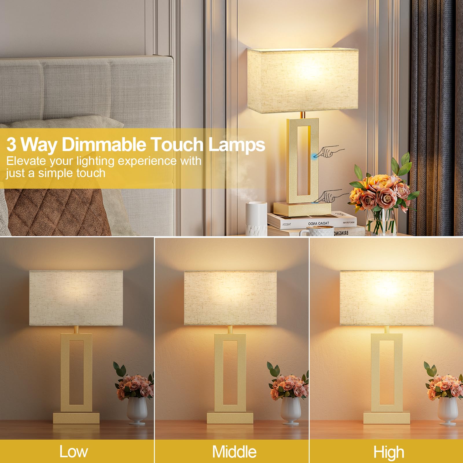 Bedroom Table Lamps Set of 2 - Beige Touch Bedside Lamps with USB C+A, 3 Way Dimmable Gold Lamp for Nightstand, Modern Night Stands Lamps for Living Room End Tables Desk Bed Side