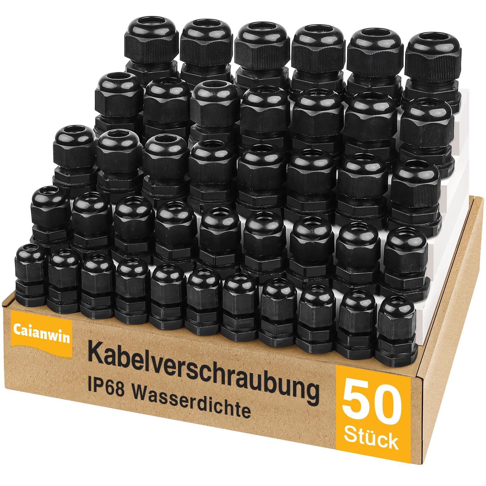 50Pack Cable Glands Set - Caianwin IP68 Waterproof Black Glands Conduit Fittings PG7/PG9/PG11/PG13.5/PG16