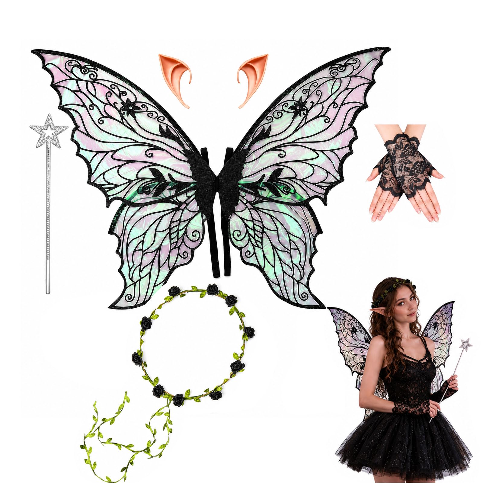 Fairy Wings, Halloween Costume, 5 Pcs Strapless Fairy Wings for Halloween Costume Parties and Fantasy Photo Shoots, Complete Set with Flower Headband, Elf Ears and Magic Wand (Black)