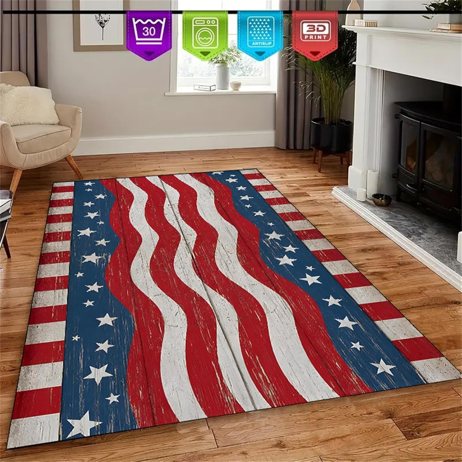 Vintage American Flag Area Rug,4x6ft,American Country Rug,Fourth of July Door Rug,Red White and Blue Wave Stripes Stars USA Carpet,Soft Non-Slip Mat,for Living Room Office and Bedroom