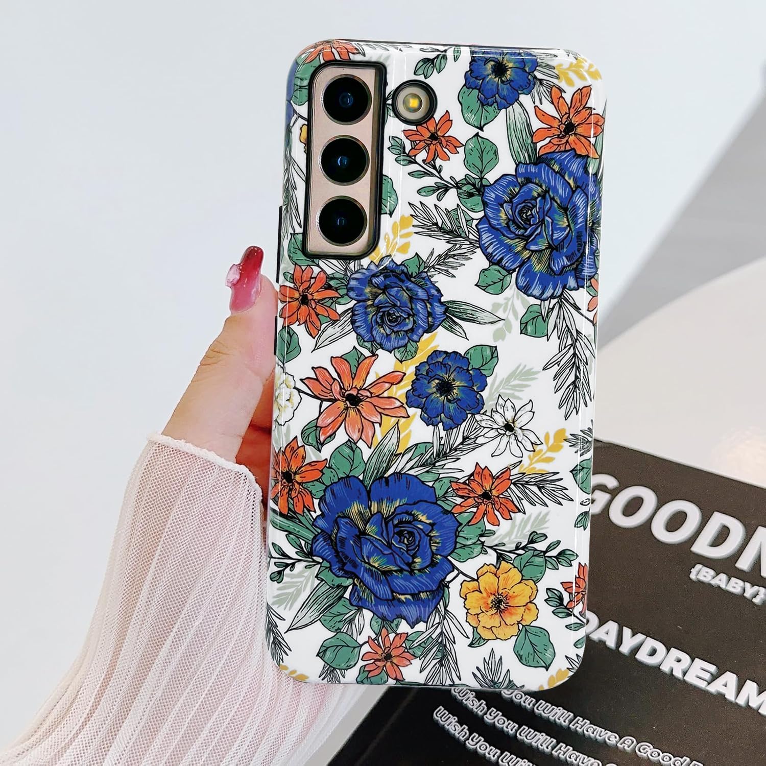 J.west for Galaxy S21 Case 5G 6.2 inch Slim Dual-Layer Protective Design Phone Cases Vintage Floral Print Hybrid Shockproof Bumper Anti-Scratch Cover for Girls Women Blue Roses - Image 7