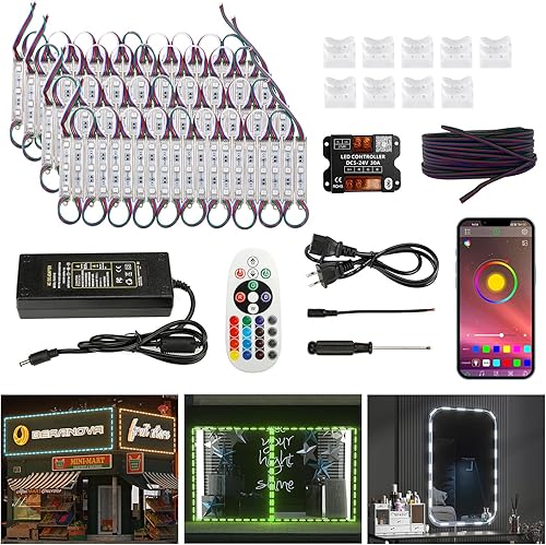 BEAMNOVA Kit de luz RGB comercial de 100 pies para negocios con control remoto, transformadores de fuente de alimentación CC de 12 V, 200 módulos de