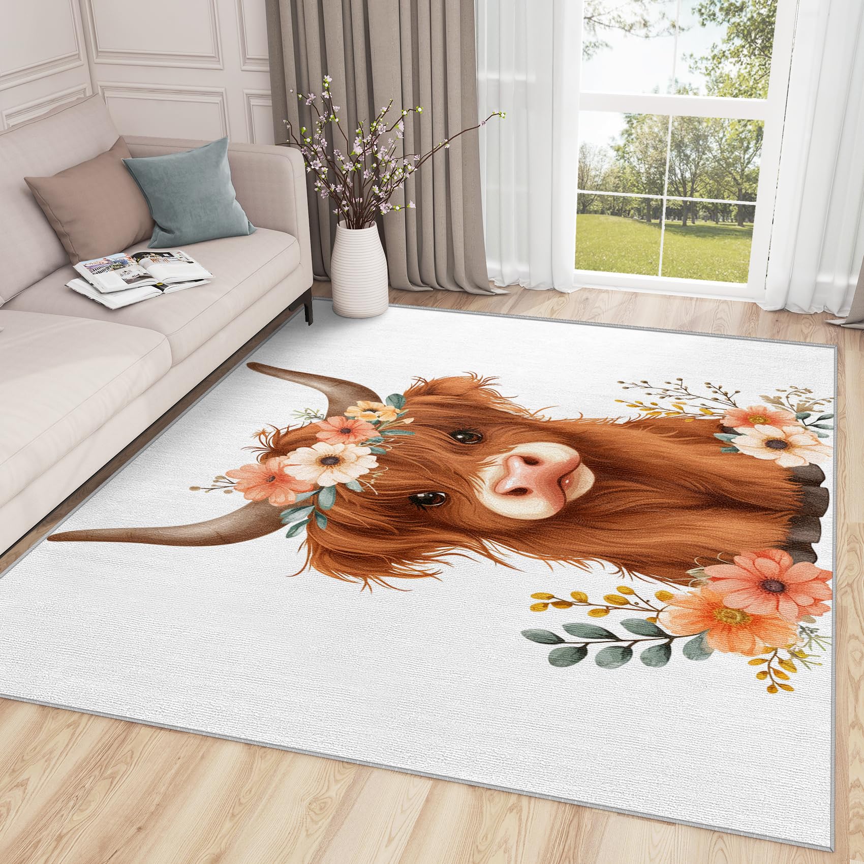 SherAvant Highland Cow Rug for Nursery - 6x8 Rug - Highland Cow Rug - Cute Cartoon Farm Animal Area Rug - Floral Cattle Farmhouse Animal Rugs - Kids