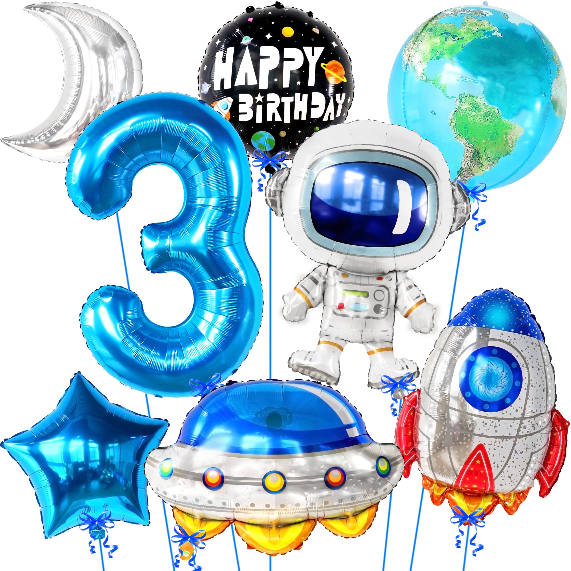 KatchOn, Big Outer Space 3 Year Old Birthday Balloons - Pack of 8 | 3rd Birthday Decorations Boy | Space Themed Party Decorations
