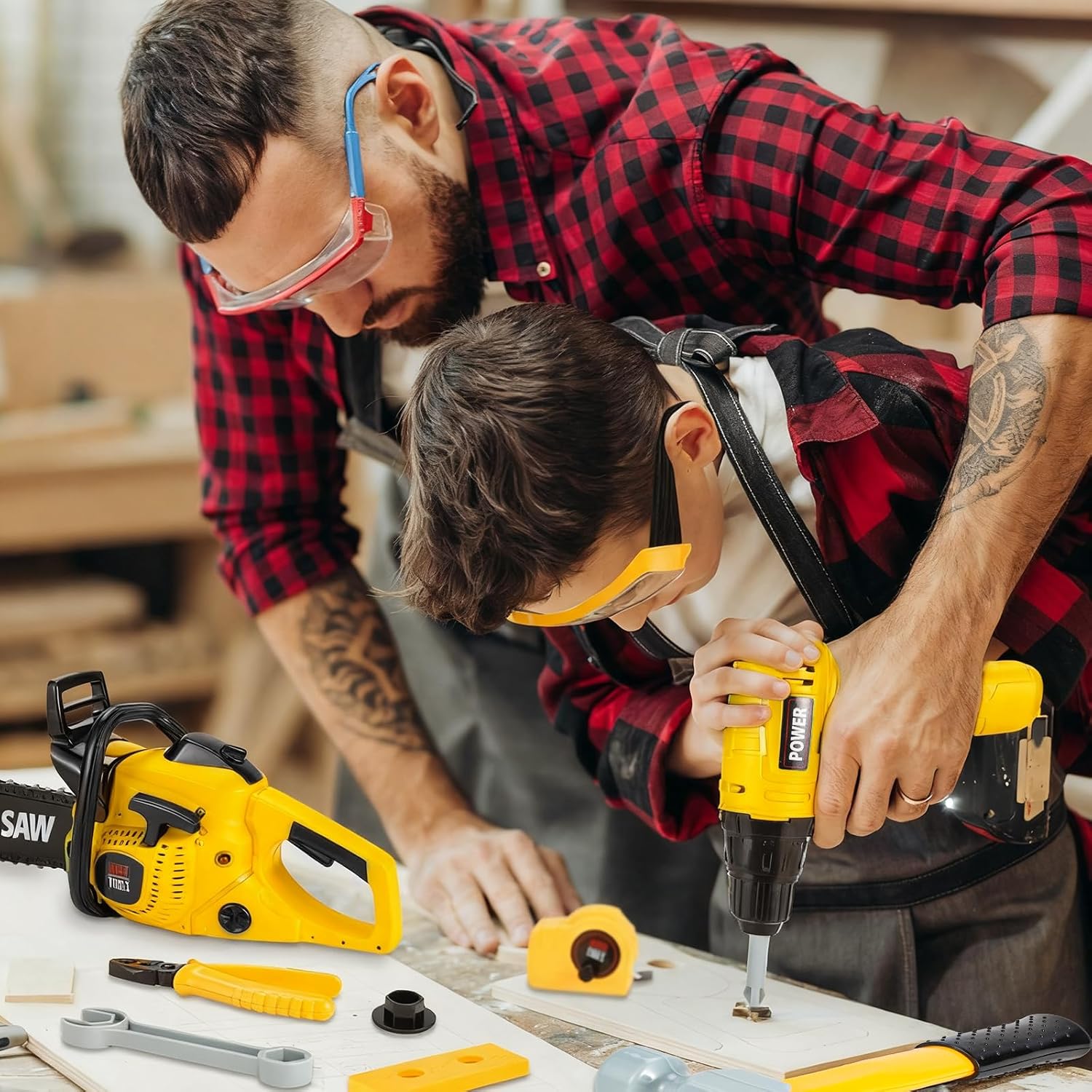 Vextronic Kids Tool Set 37 PCS with Electric Toy Chainsaw Drill Circular Saw with Realistic Sounds, Toy Tool Set for Toddlers 3 4 5 6 7 8, Pretend Play Kids Power Tools Kit Gift for Boys Girls Yellow