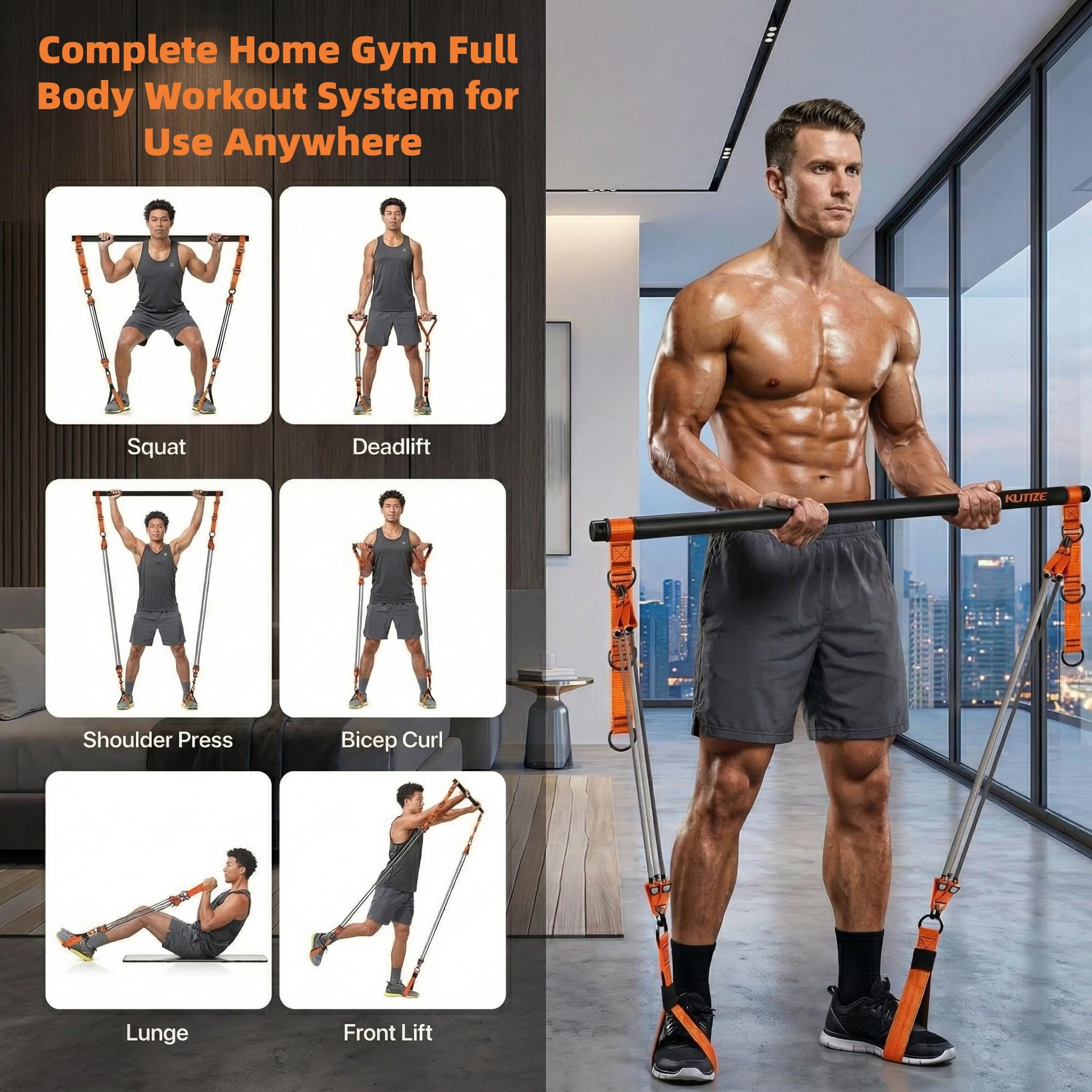 SOONHUA Kit Pilates en Casa, Barra de Pilates con 6 Bandas de Resistencia de Caucho Natural hasta 270 LBS, Equipo Multifuncional de 19 Piezas para Entrenamiento de Fuerza y Gimnasio Portátil