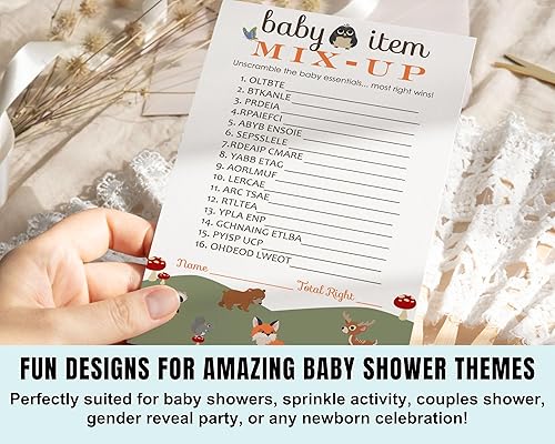 Miniatura 4 de Woodland Baby Shower Word Scramble - Tarjetas de actividades para adivinar, género, neutro, rústico, bosque, animal o niña, 4 x 6, paquete de 25