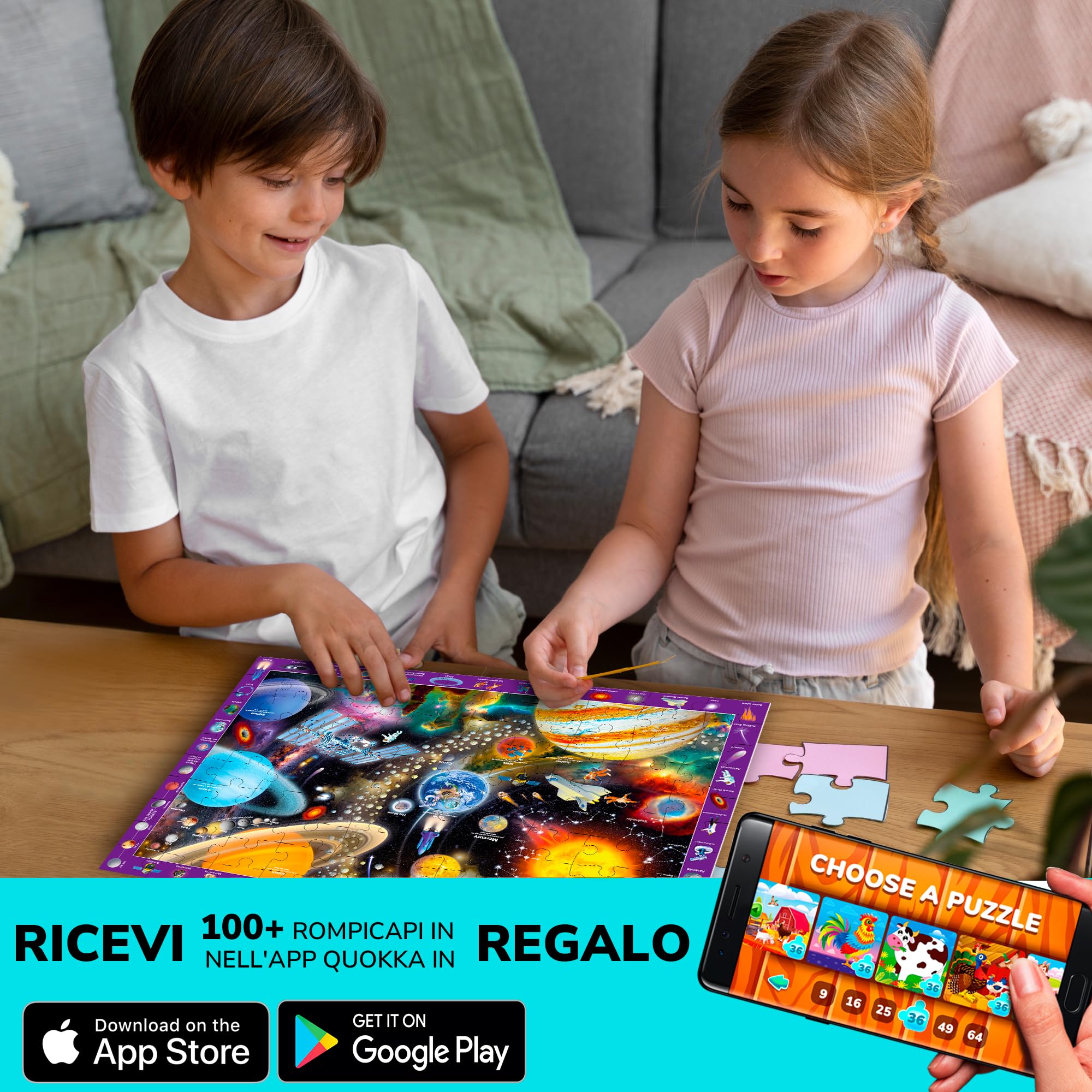 QUOKKA Puzzle 100 Pezzi Bambini 4 5 6 Anni – Set di 3 Puzzle Mappamondo Bambini 6 7 Anni – Gioco Educativo con Spazio Europa e Mappa del Mondo – Giocattolo Regalo per Ragazzi e Ragazze dai 4 ai 9