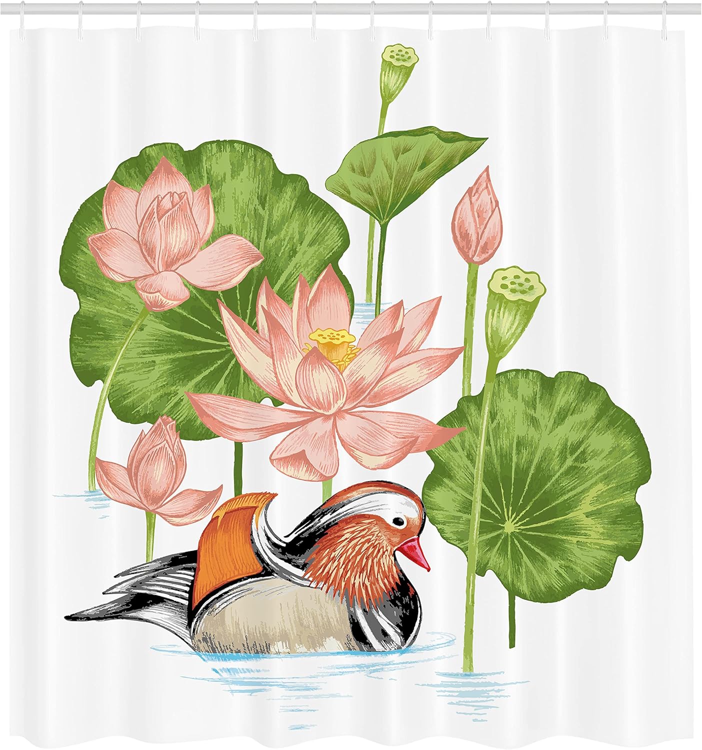 Ambesonne Rubber Duck Shower Curtain, Mandarin Duckling in Pond with Lotus Lily Flowers Water Painting, Cloth Fabric Bathroom Decor Set with Hooks, 69" W x 70" L, White Green Pink