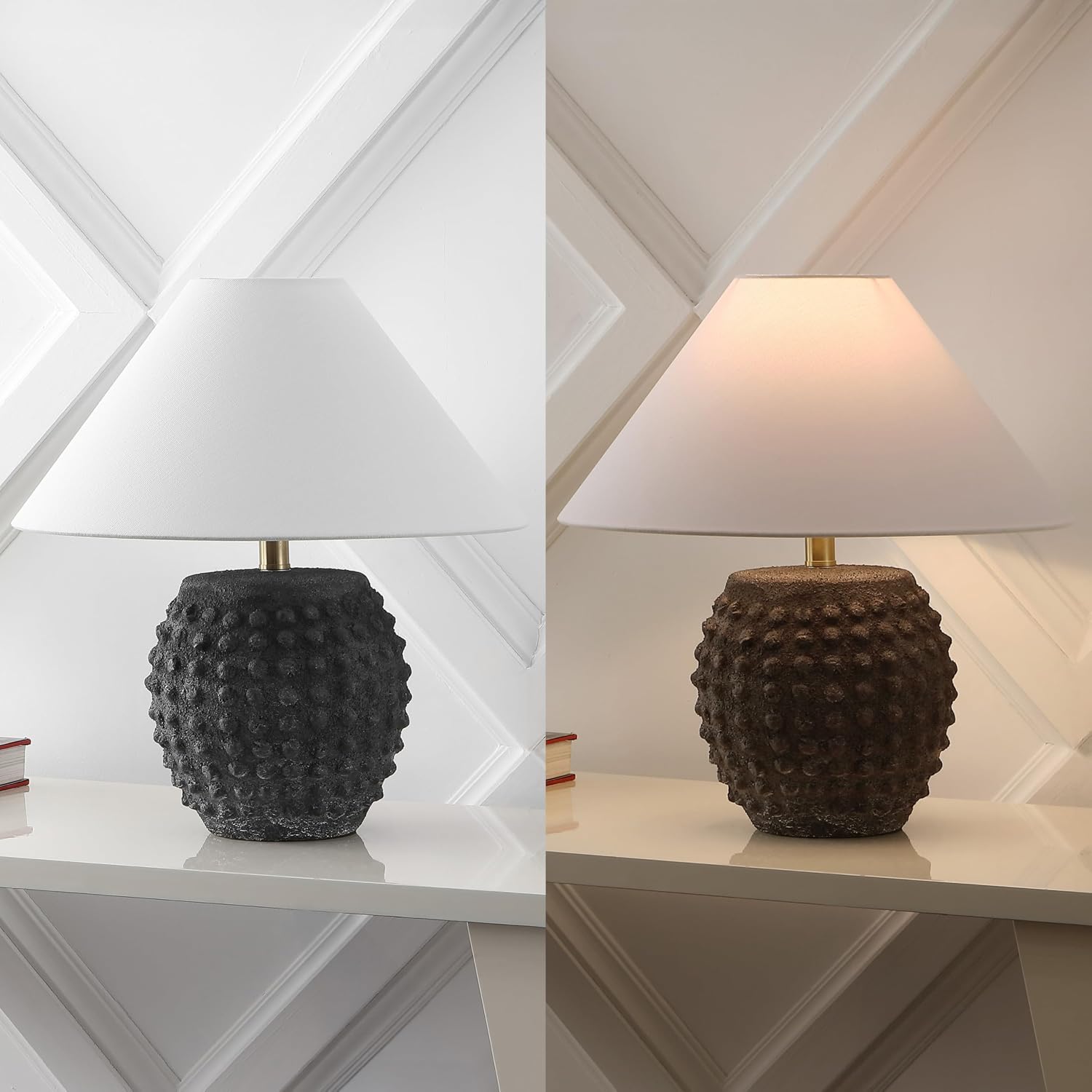 JONATHAN Y 18.25" Matte Black Ceramic Hobnail Table Lamp Set of 2 for Bedroom, Modern Minimalist Farmhouse Bedside Nightstand Lamps, White Linen Shade, LED Bulbs Included JYL5601A-SET2
