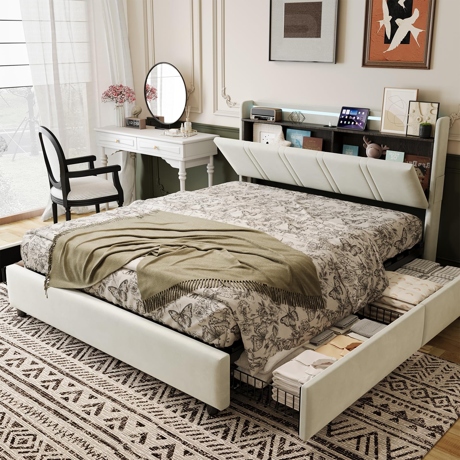 Cama de Matrimonio 160x200 cm con 4 Cajones, Cama Queen Size Tapizada con Luces LED, Puerto Type-C y Cabecero Moderno, Estructura de Cama con Somier, Beige (Sin Colchón)