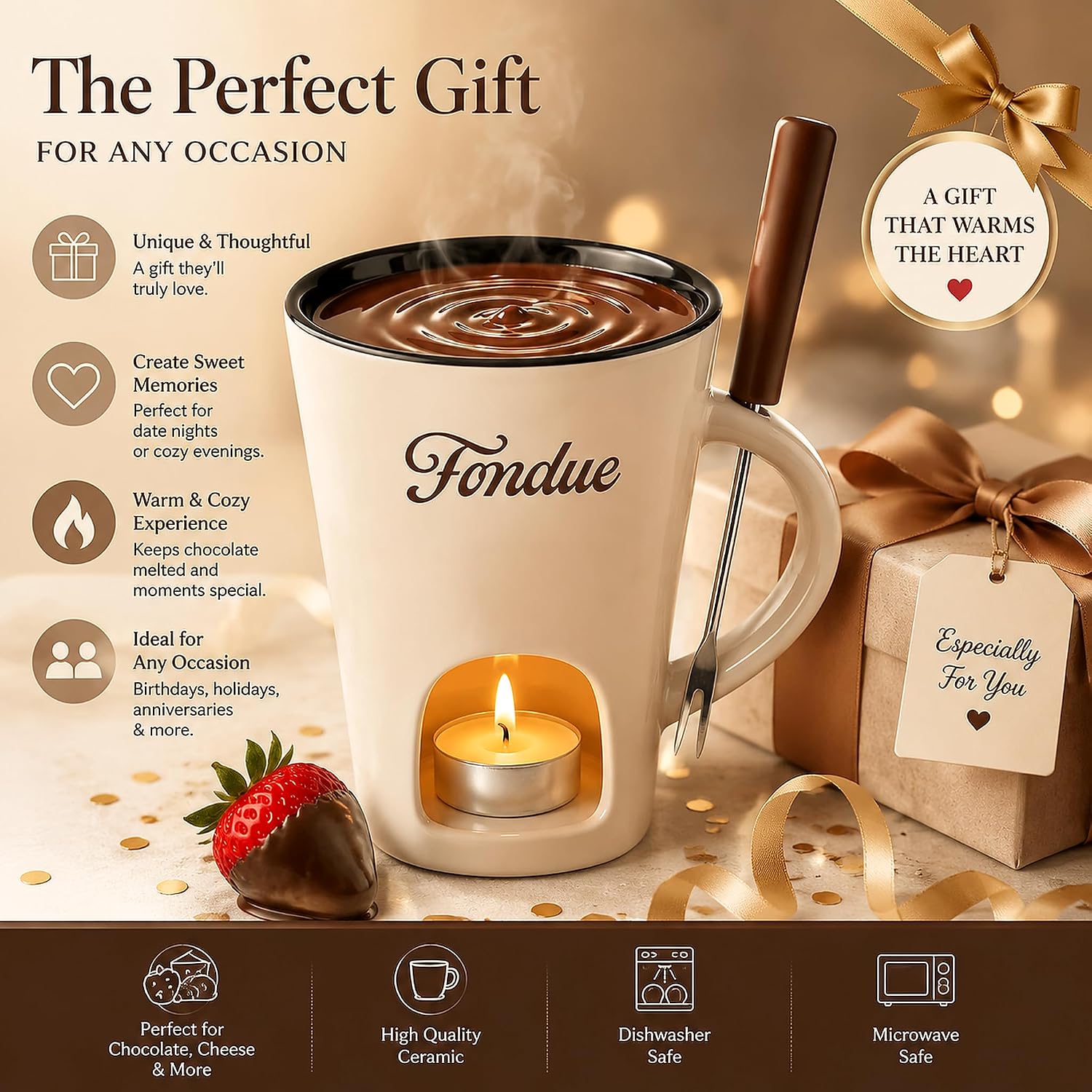 Ceramic Chocolate Fondue Mug Set with Dipping Fork, Mini Tea Light Heated Chocolate Melting Cup for Cheese & Caramel Desserts, Portable Small Fondue Pot Perfect for Holiday Gifting. (Cream Yellow)