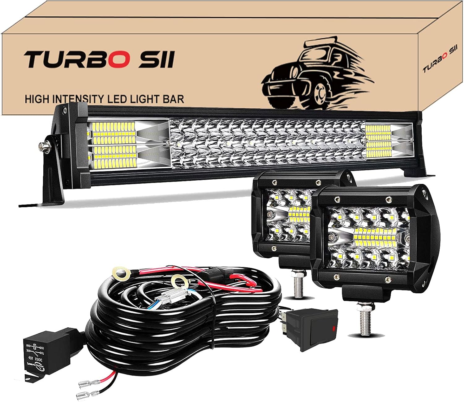 TURBO SII 22 Inch LED Light Bar Triple Row 306W 30600Lumens Spot Flood Combo Beam Led Bar 2Pcs 4 Inch 60W Led Pod Lights W/Wiring Harness-3 Leads for Trucks ATV UTV SUV Jeep Boats
