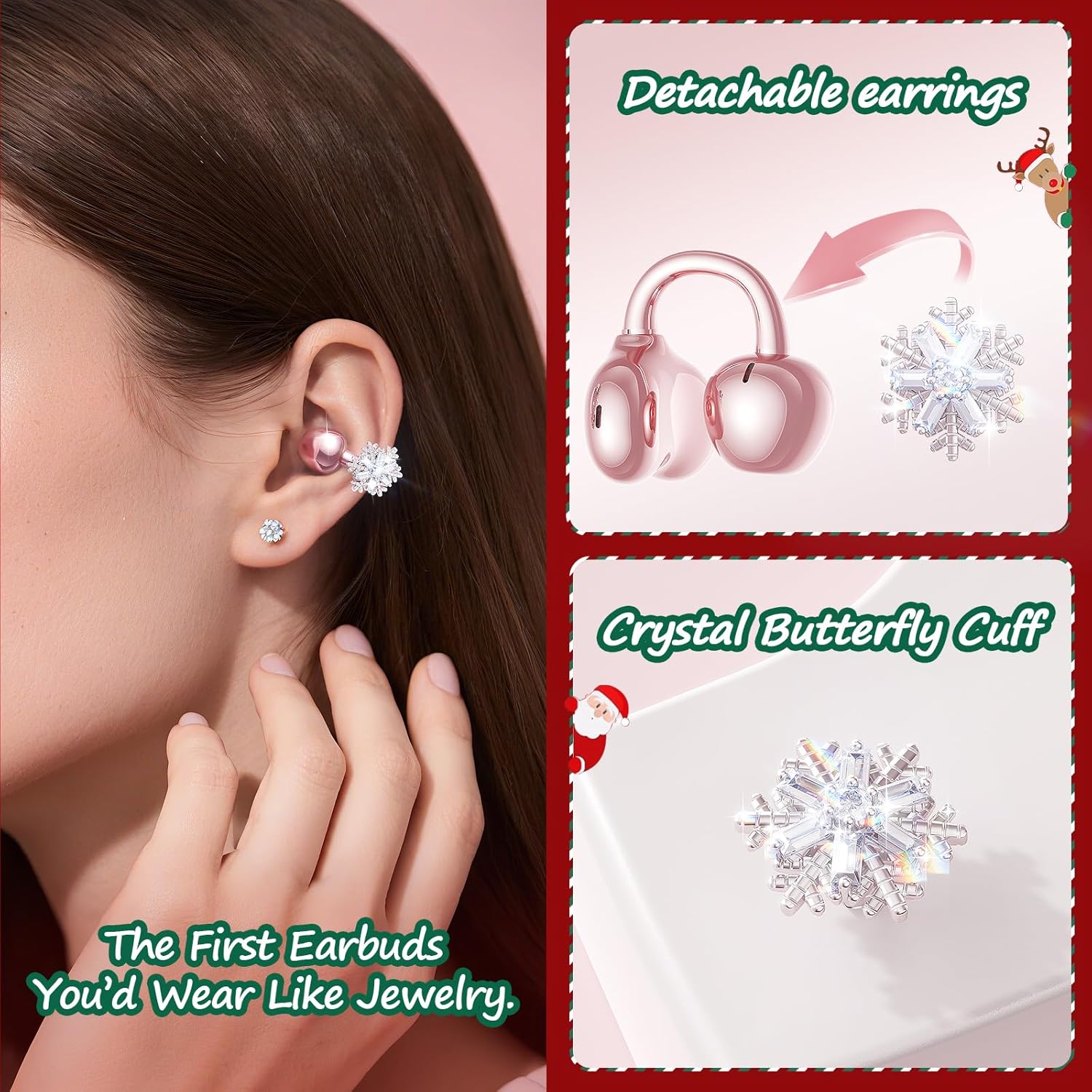 Kinglucky ClipFree Open-Ear Headphones with Snowflake Earrings, Ultra-Comfort & Snug Fit Clip On Earbuds, 50H Playtime Bluetooth 6.0 Wireless Headphones for Women Gifts, Sports & Workouts (Rose Gold) - Image 3