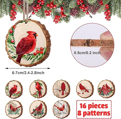 Miniatura 2 de 16 piezas de pájaros rojos de Navidad colgantes de rebanadas de madera con cuerda de cáñamo para decoración de árbol de Navidad, manualidades,