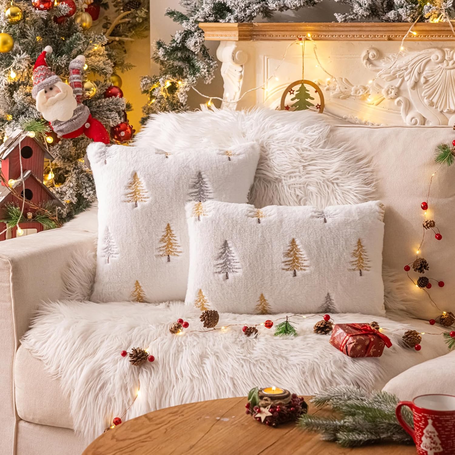 AQOTHES Christmas Tree Gold Sliver Throw Pillow Covers 20x20, Soft Faux Fur Embroidered Throw Pillows for Couch Sofa Cushion Covers Holiday Home Decor
