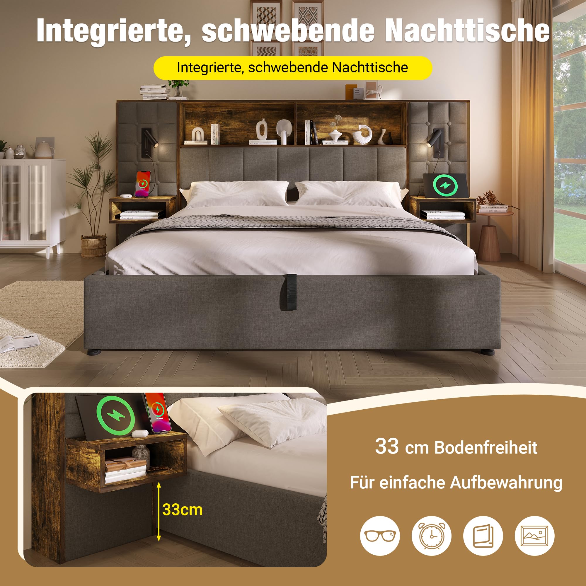 Merax Polsterbett Doppelbett 180x200cm, Hydraulisches Stauraumbett mit LED und Steckdosen, Jugendbett Betten mit Stauraum Kopfteil und 2 integr, Leinenstoff, inkl. Lattenrost, Ohne Matratze, Grau