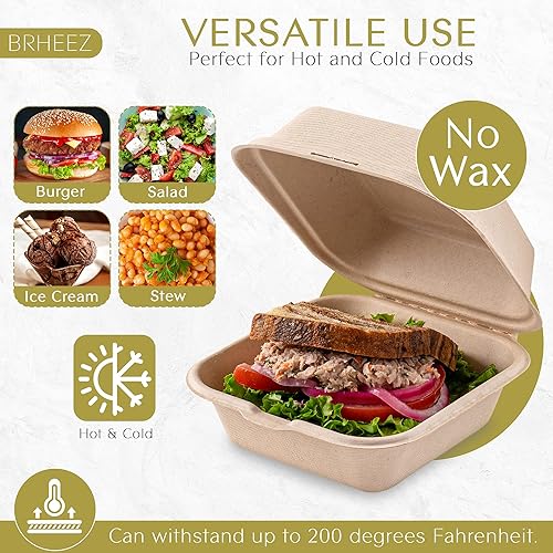 Miniatura 3 de brheez Contenedores desechables para llevar, contenedores biodegradables de fibra de bagazo con tapas para llevar, fiestas y vacaciones, paquete de