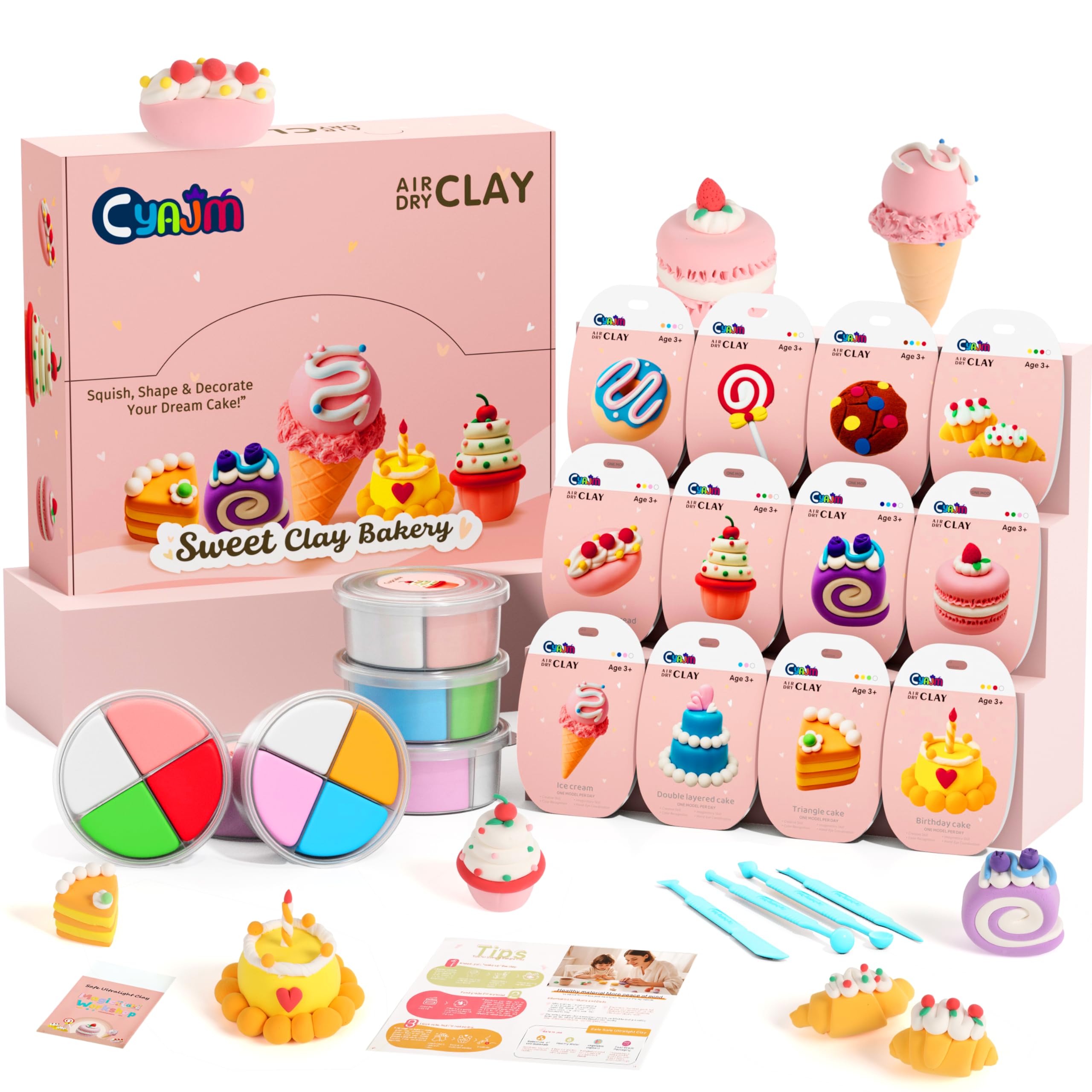 CyAJM Air Dry Clay for Kids - Cake Theme Modeling Clay Set | 12-Box Modeling Clay for Kids! Soft & non-sticky. Includes tools & tutorials. The ideal gift for little artists!