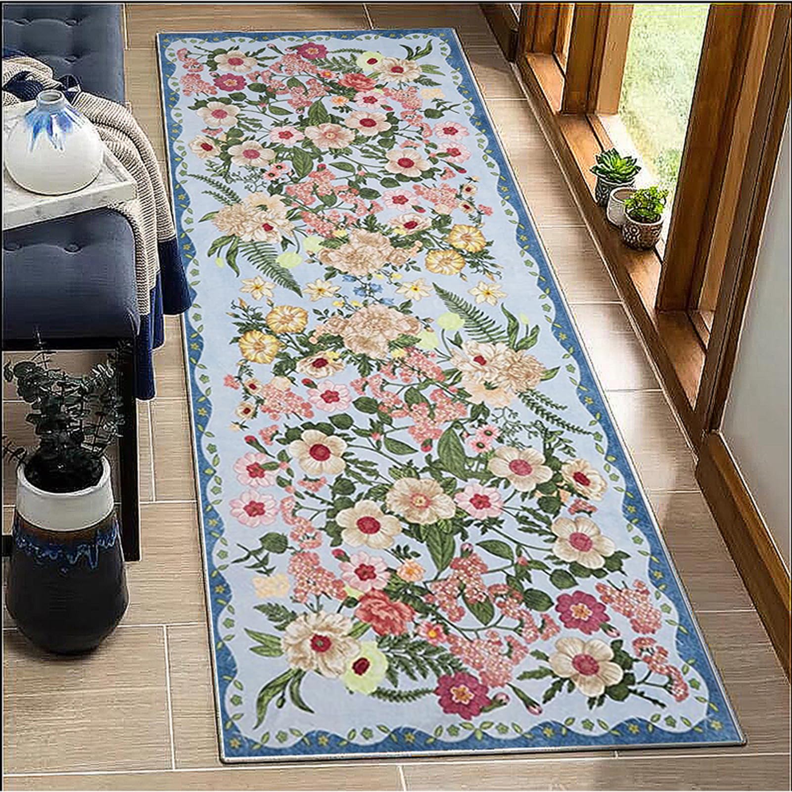 Tapis de couloir antidérapant et lavable motif floral