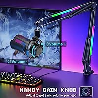 Vista 4 de KingSom Micrófono USB para juegos, micrófono condensador de cancelación de ruido con brazo de brazo RGB, micrófonos para podcast RGB