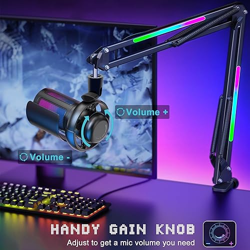Miniatura 4 de KingSom Micrófono USB para juegos, micrófono condensador de cancelación de ruido con brazo de brazo RGB, micrófonos para podcast RGB para