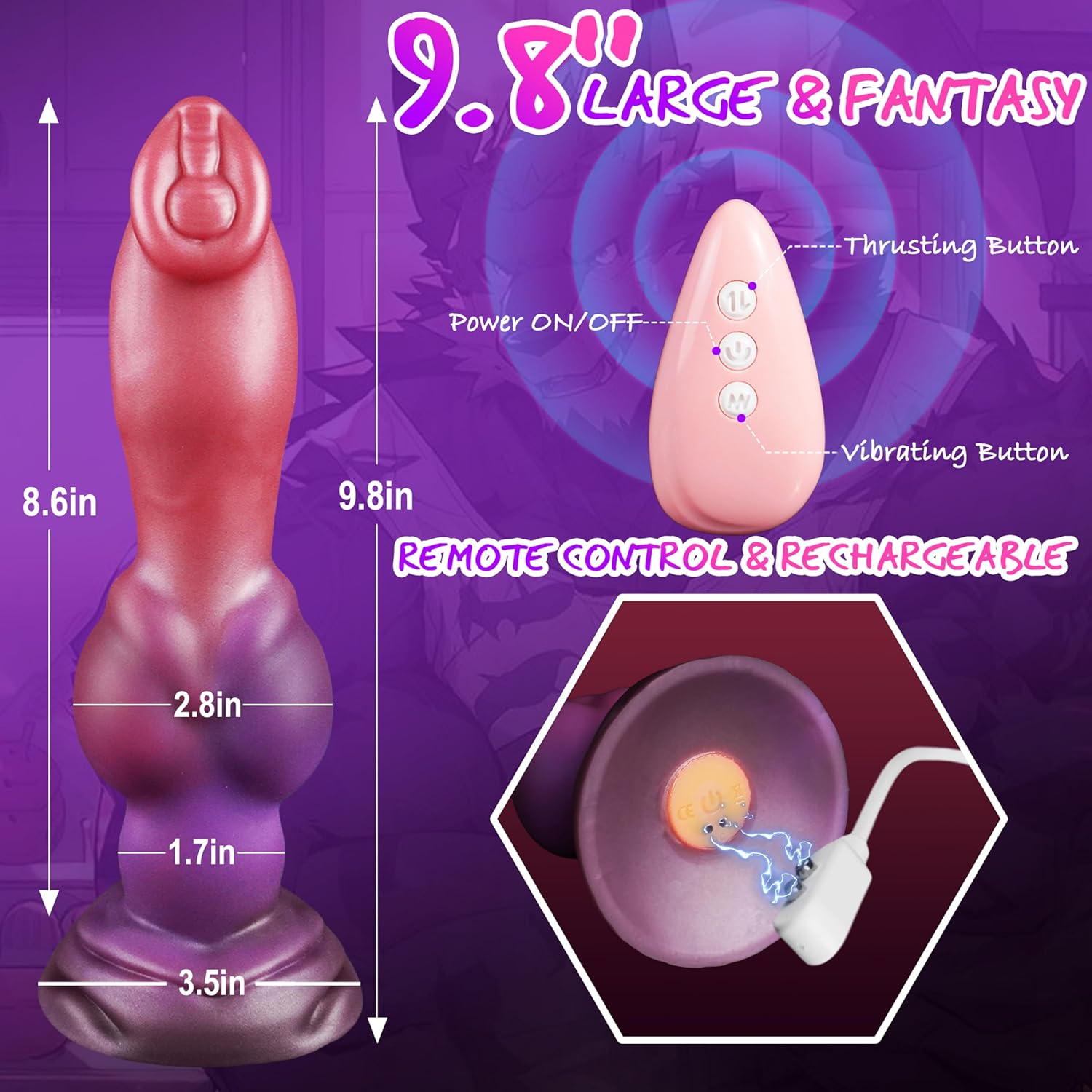 Thrusting Dildo Vibrating Monster Dildo with Strong Suction Cup -9.8" Huge Fantasy Dog Knot Dildos with 6 Thrusting & 8 Vibration Modes for G Spot Vagina Anal Play, Vibrator Sex Toy for Men Women
