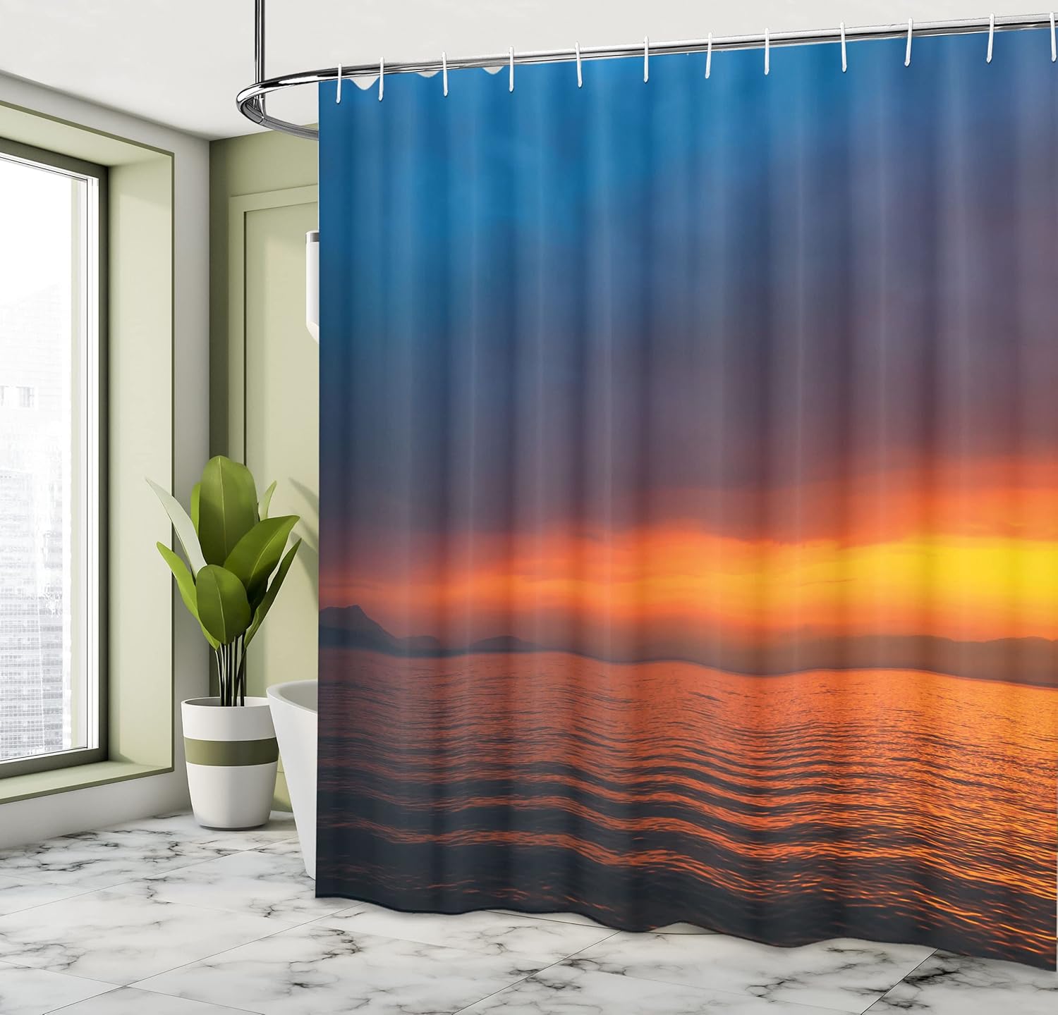 Ambesonne Seascape Shower Curtain, Sunset Over The Lake Dusk Cloudy Sky Calm Evening Water Reflection Waves, Cloth Fabric Bathroom Decor Set with Hooks, 69" W x 75" L, Blue Petrol