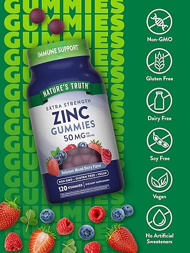 Vista 3 de Nature's Truth Gomitas de zinc para adultos 50 mg 120 unidades Suplemento vegano, sin OMG y sin gluten Sabor mixto de bayas