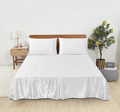 Miniatura 2 de Tache - Falda de cama de seda sintética de satén blanco perla delicada rosa plisada a medida, 14 pulgadas, caída de polvo y volantes tamaño King