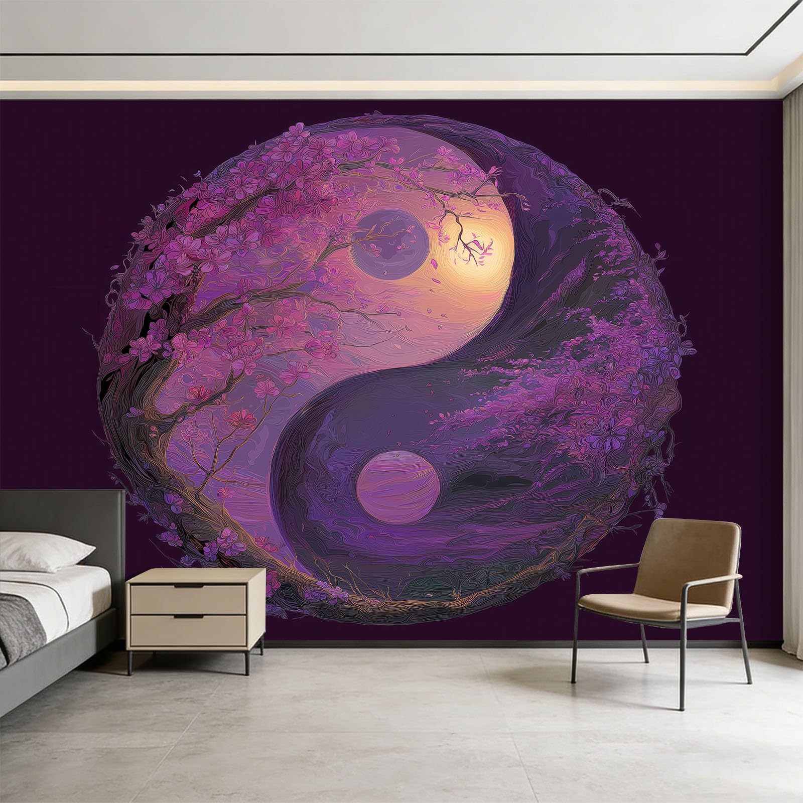 Panoramiczna tapeta 3D 250 x 175 cm fantazyjne kwiaty wiśni symbol Yin i Yang tapeta z włókniny, plakat ścienny do salonu, dekoracji pokoju dziecięcego, łatwy montaż, fioletowy