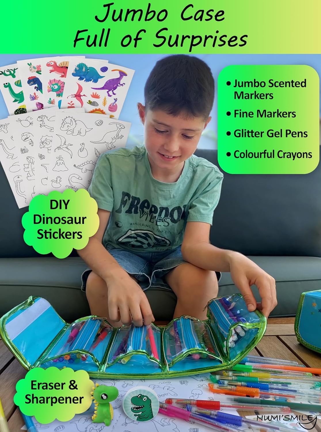 NUMI'SMILE Dinosaur Pencil Case with Fruit Scented Markers Art Set, Dinosaur Gifts for Boys Ages 3 4 5 6 7 8 9 Years and Up, Dinosaur Toys, Dino Coloring Art Supplies, Birthday Boy Present & Kids