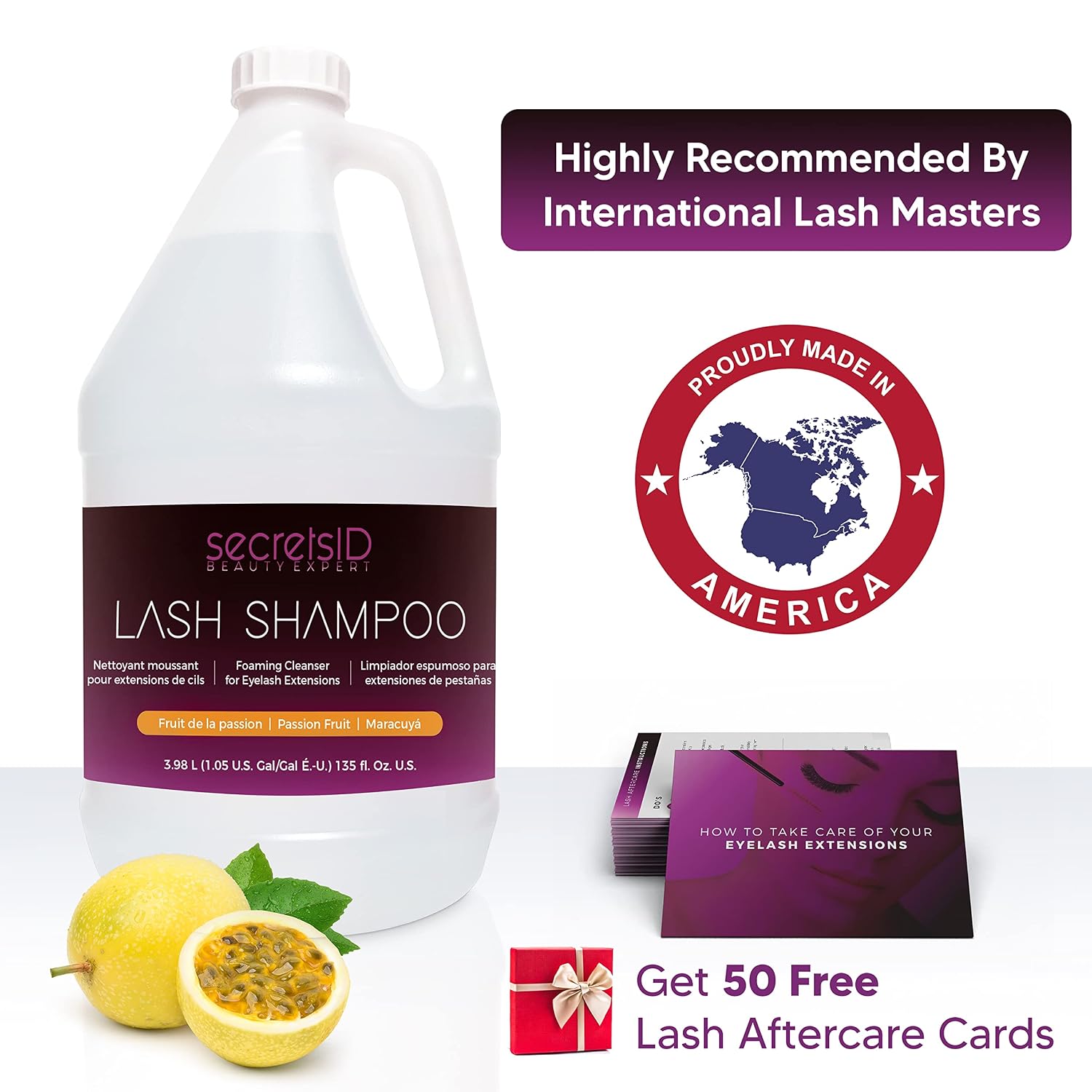 Lash Shampoo Bulk for Professional Lash Extension | 1 Gallon with 50 Lash Extension Aftercare Cards | Eyelid Foaming Cleanser | Salon Lash Cleanser for Face and Eye Makeup Remover (Passion Fruit)